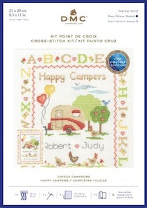 Craft material and supply: DMC Counted Cross Stitch Kit - Happy Campers Sampler