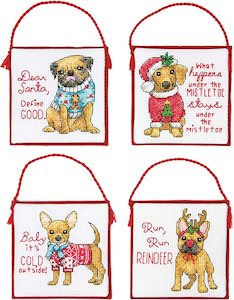 Craft material and supply: Dimensions Counted Cross Stitch Kit - Four Christmas Pups Ornaments