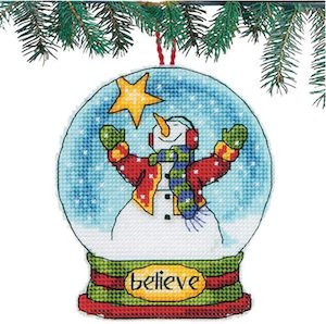 Dimensions Counted Cross Stitch Kit - Believe: Snowman in Snow Globe Christmas Ornament