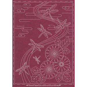 Craft material and supply: Sashiko Pre-printed Cloth Panel - Dragonfies on Deep Burgundy-Red