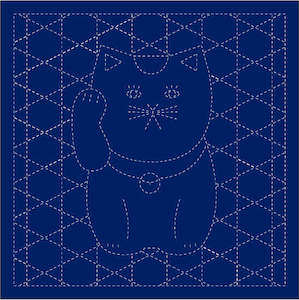 Daruma - Pre-printed Sashiko Fabric in Lucky Cat design on Indigo Background