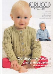 Craft material and supply: Crucci Knitting Pattern 1423  - Babies Textured Cardigan, Jacket or Hoodie in 4-ply / Fingering  for ages 0-24 months