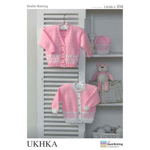 UKHKA 104 - Cardigan with V-neck or Round Collar, and Hat in DK / 8-ply for Prem…