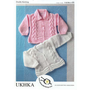 Craft material and supply: UKHKA 68  - Two Cabled Cardigans in DK / 8-ply for ages 0 months to 6 years