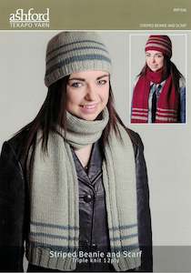 Ashford Tekapo Knitting Pattern AYP206 - Striped Beanie and Scarf 12-ply