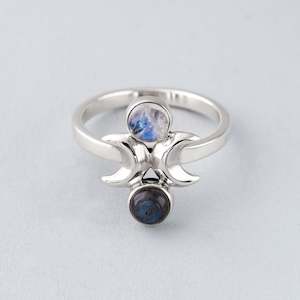 Jewellery manufacturing: Moon Phase Ring in Sterling Silver with Labradorite and Rainbow Moonstone