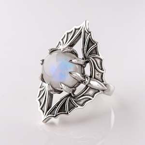 Vampire Bat Ring in Sterling Silver with Rainbow Moonstone