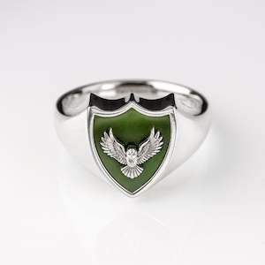 Pounamu Owl Crest Signet Ring in Sterling Silver