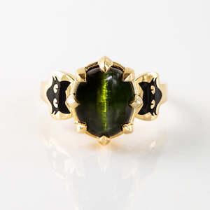 Witch's Cat ring with 5.95 carat Green Cat's Eye Tourmaline in 9 carat Gold