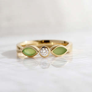 Pounamu and Diamond Blossom ring in Yellow Gold and Platinum