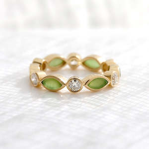 Pounamu and Diamond Blossom Eternity ring in Yellow Gold or Platinum