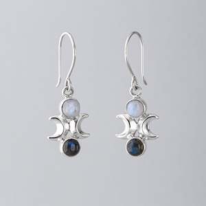 Moon Phase Earrings in Sterling Silver with Labradorite and Rainbow Moonstone