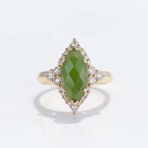 Jewellery manufacturing: Pounamu Marquis and Diamond Starlight ring in Yellow Gold or Platinum