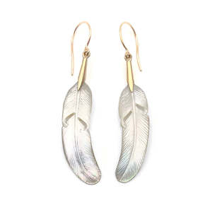 Jewellery manufacturing: 14 carat Gold Mother of Pearl Shell Feather Earrings