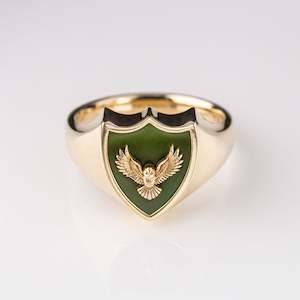 Jewellery manufacturing: Pounamu Owl Crest Signet ring in Yellow Gold or Platinum