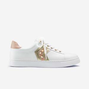 Footwear: Gray Sneaker | White/Gold/Nude Leather