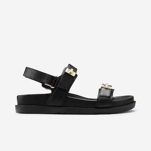 Footwear: Maine Flat Sandal | Black Leather