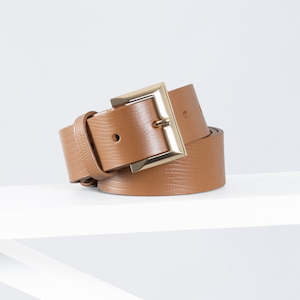 Footwear: Signature Leather Belt 34mm | gold tan lizard print