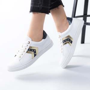 Footwear: Glara Sneaker | White/Navy/Gold leather