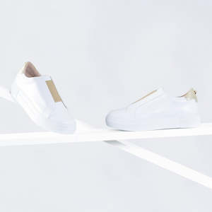 Footwear: Elisa Sneaker | White/Gold leather