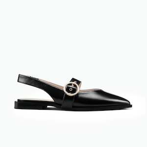 Valencia Flat Slingback | Black oiled leather