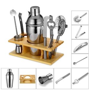 9pcs Wooden Stand Cocktail Shaker Set - Stainless Steel