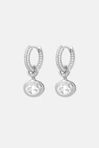 Oval Double Bezel Charm Huggies | Silver