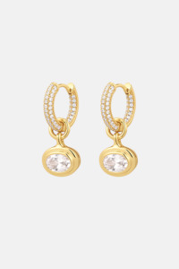 Oval Double Bezel Charm Huggies | Gold