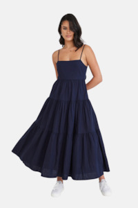 Galaxy Navy Linen Tie Back Tiered Strappy Maxi Dress