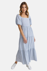 Womenswear: Sparrow Blue Stripe Puff Short Sleeve Tiered Maxi Dress