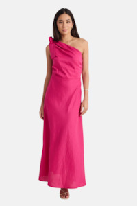 Mirror Hot Pink Linen Blend One Shoulder Bow Midi Dress