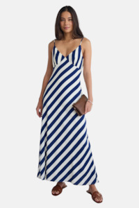 Otherworldly Navy Stripe Bias Slip Midi Dress