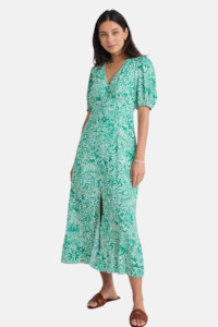 Womenswear: Elemental Green Batik Print Short Sleeve Button Front Midi Dress