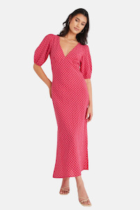 Womenswear: Amora Raspberry Ditsy Gingham SS Bias Midi Dress