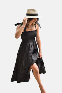 Isabella Black Cotton Poplin Strappy Tiered Maxi Dress