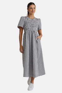 Womenswear: Wren Black Gingham SS Shirred Bodice Midi Dress