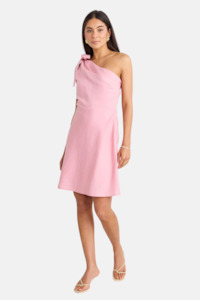 Womenswear: Ecstatic Blush Linen Blend One Shoulder Bow Mini Dress