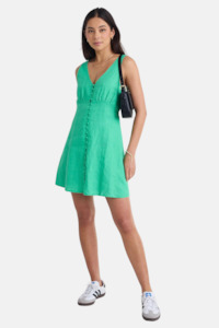 Womenswear: Allora Meadow Green Linen Sleeveless Button Front Mini Dress