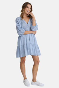 Aries Blue Stripe Balloon Sleeve Tiered Button Front Mini Dress