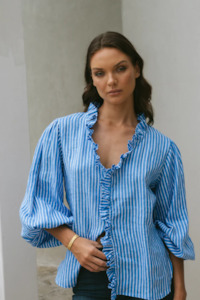 Womenswear: Olive Ruffle Shirt | Ocean Stripe