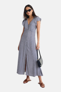 Flawless Navy Gingham Fluted Sleeve Button Front Midi Dress