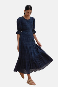 Gratitude Navy Bubble SS Tiered Maxi Dress