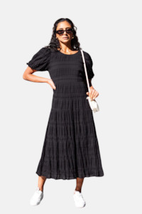 Womenswear: Graceful Black Shirred Cotton Bubble Sleeve Tiered Maxi Dress