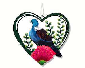 Colourful Metal Birds Hanging Hearts - Wood Pigeon On Pohutukawa