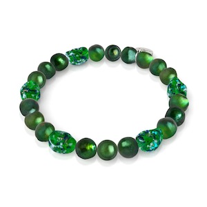 Emerald Crown | .925 Sterling Silver | Green Freshwater Pearl x Firefly Glass Skull Bracelet