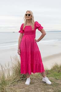 Bright Pink - Short Sleeve Shirred Ivy Dress