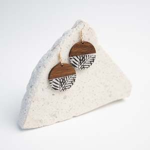 B/W Leaf Splice - Circular Wood & Resin Earrings