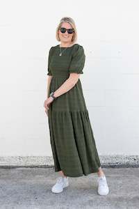 Khaki - Textured Short Sleeve Shirred Josephine Dress