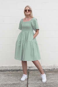 Clothing: Plain Shirred Bust Louisa Dress - Green