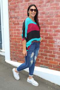 PRE-ORDER** Bright Teal & Maroon Stripe Draped Top - Vogue Collection